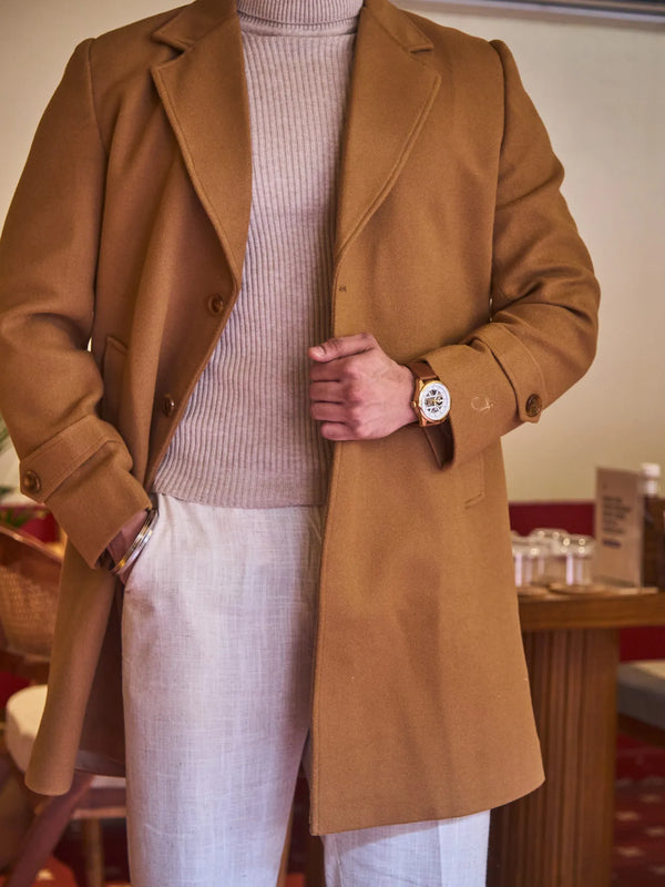 Men Long Coat Solid Weave