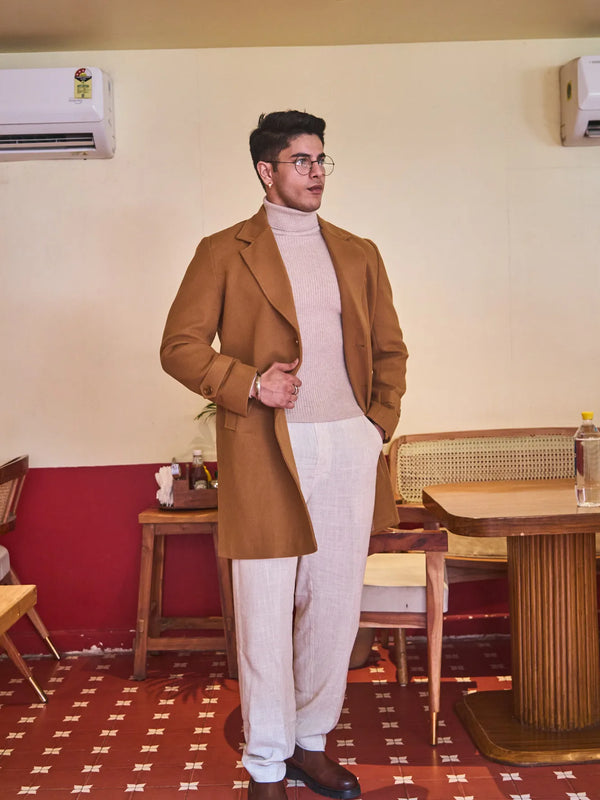 Men Long Coat Solid Weave