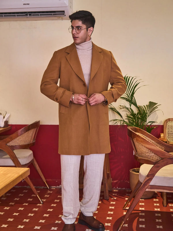 Men Long Coat Solid Weave