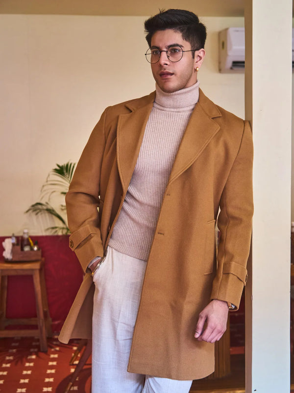 Men Long Coat Solid Weave