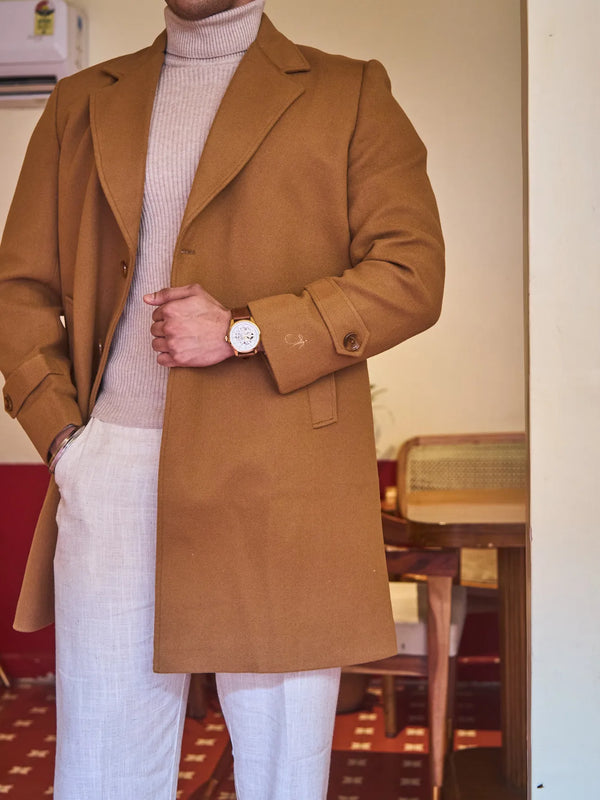 Men Long Coat Solid Weave