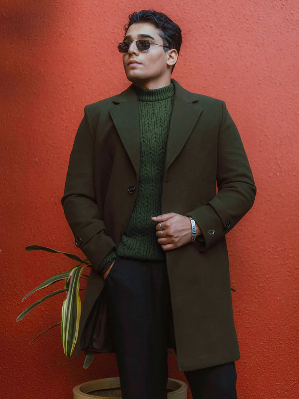 Men Long Coat Solid Weave