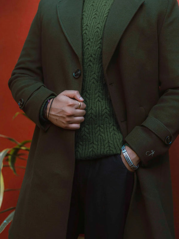 Men Long Coat Solid Weave