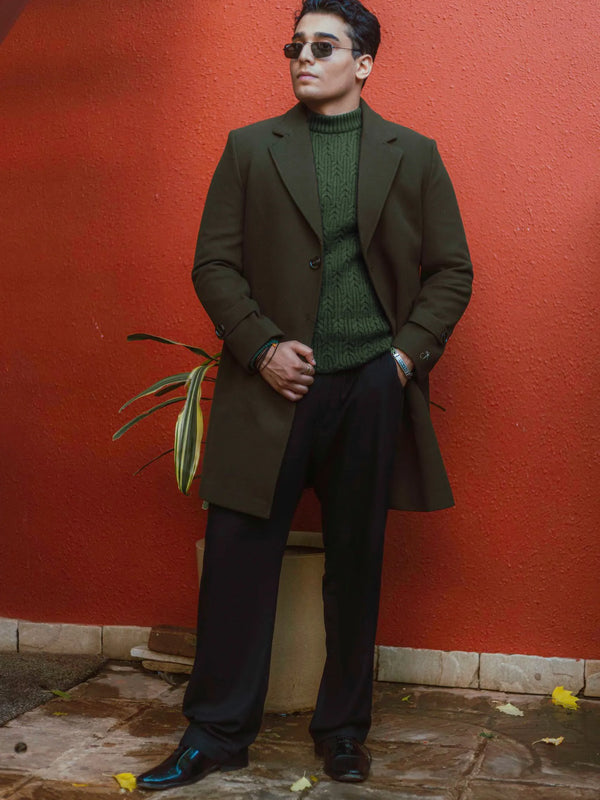 Men Long Coat Solid Weave