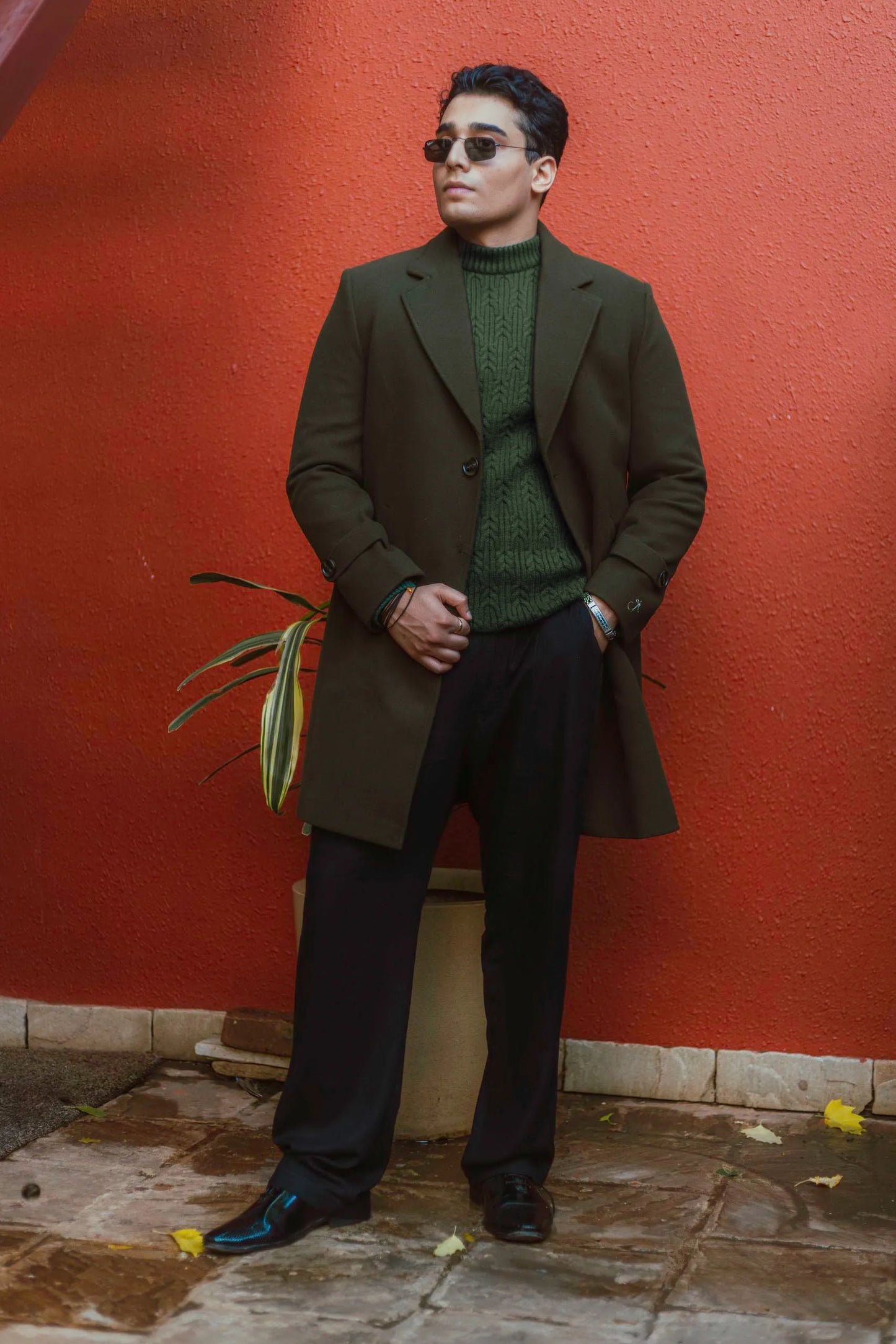 Men Long Coat Solid Weave