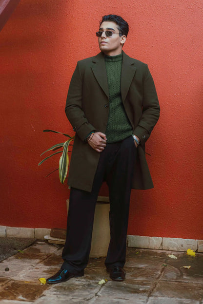 Men Long Coat Solid Weave