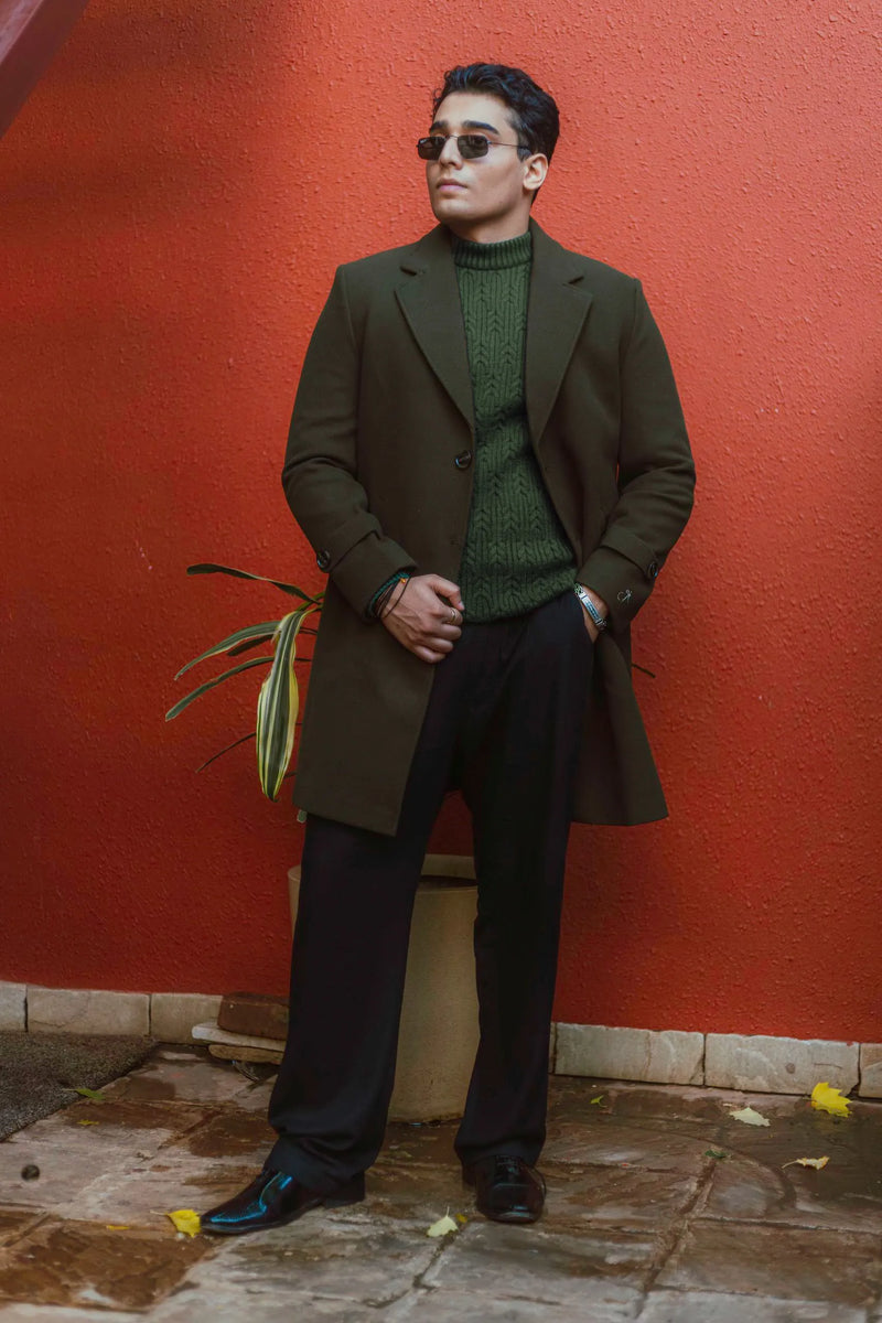 Men Long Coat Solid Weave