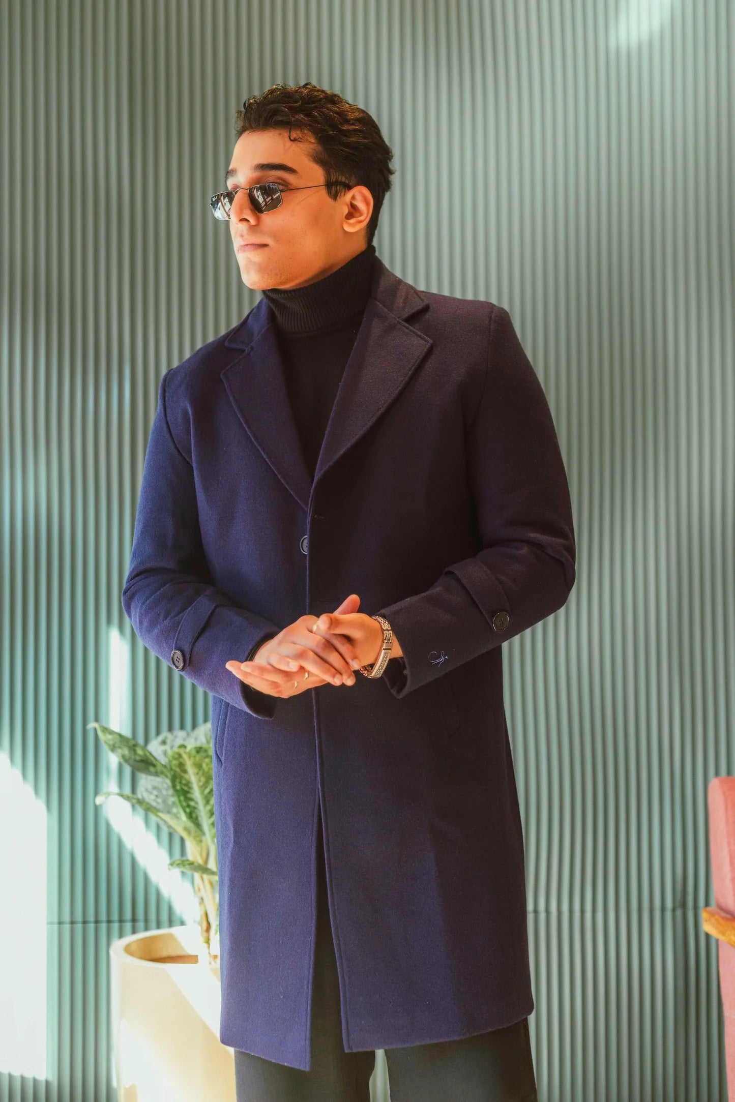 Men Long Coat Solid Weave