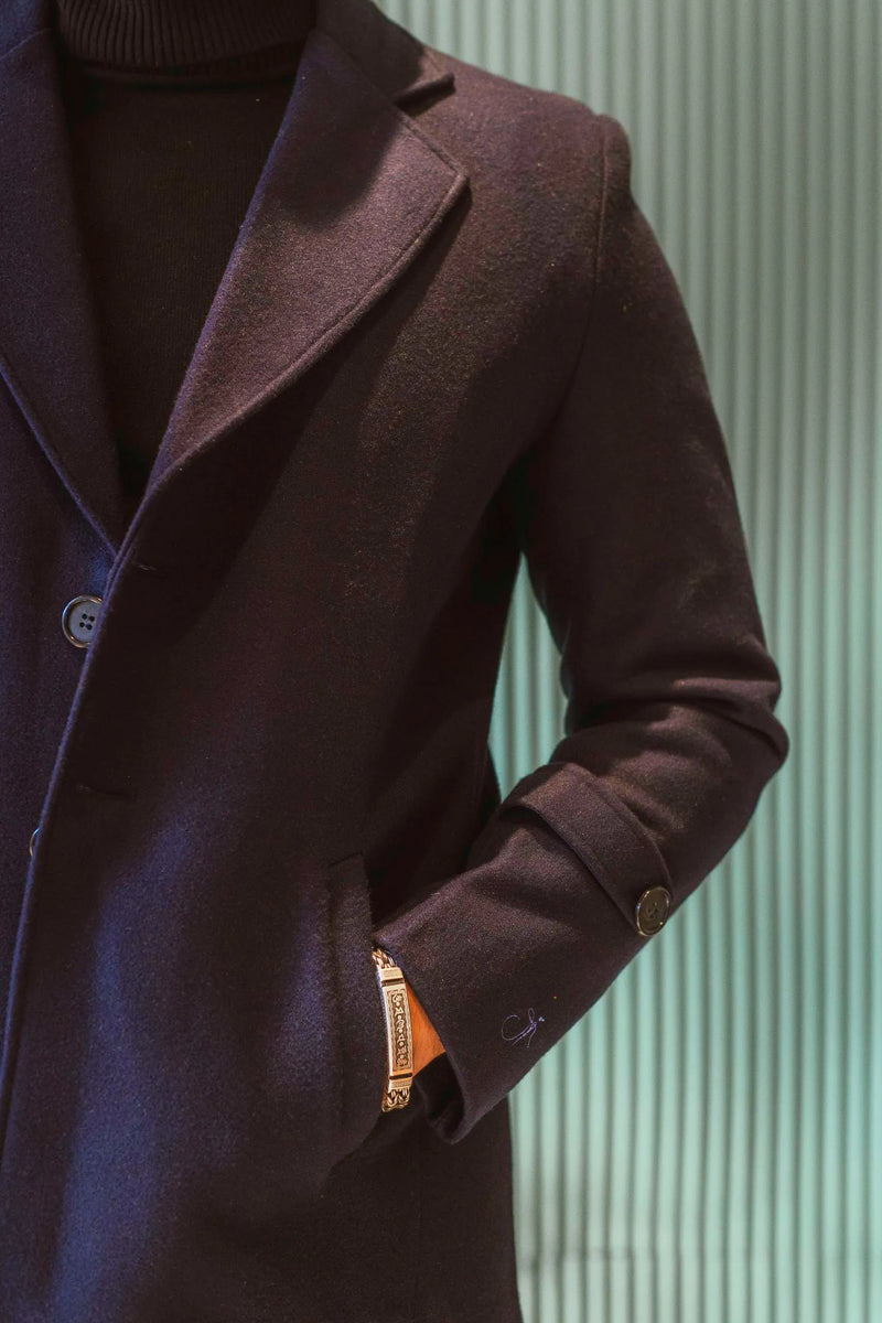 Men Long Coat Solid Weave