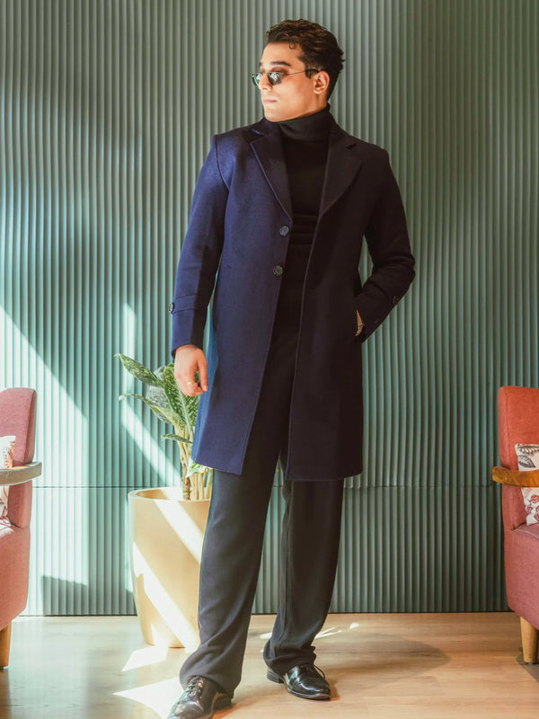 Men Long Coat Solid Weave