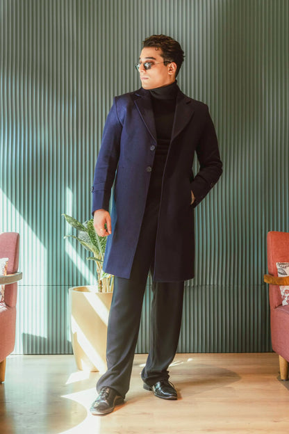 Men Long Coat Solid Weave