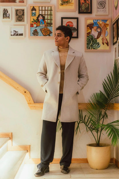 Men Long Coat Solid Weave