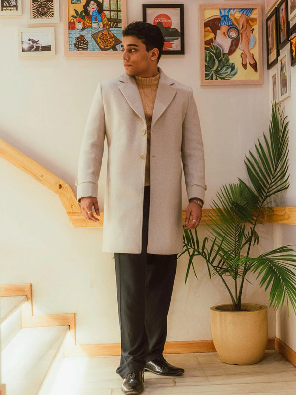 Men Long Coat Solid Weave
