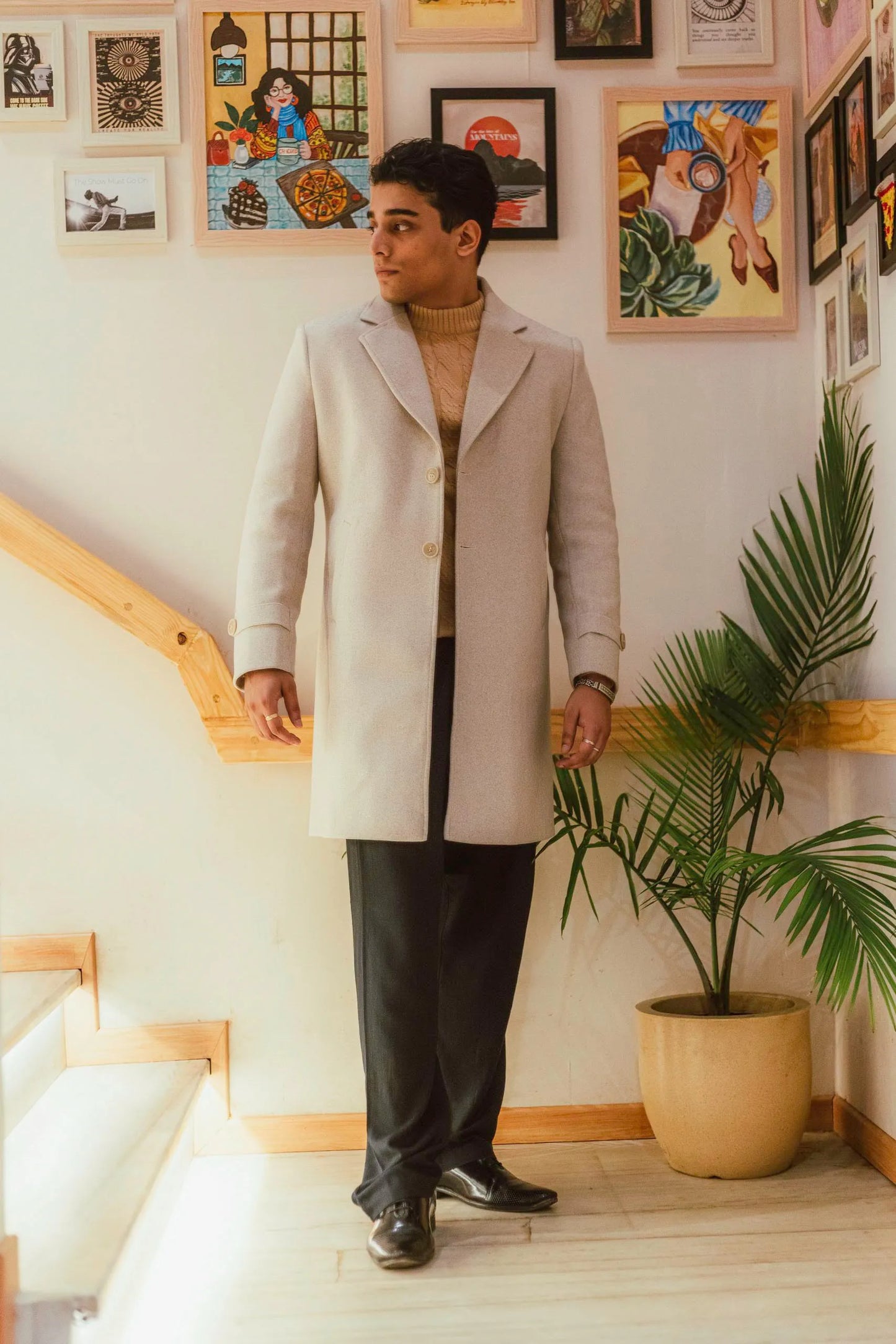 Men Long Coat Solid Weave