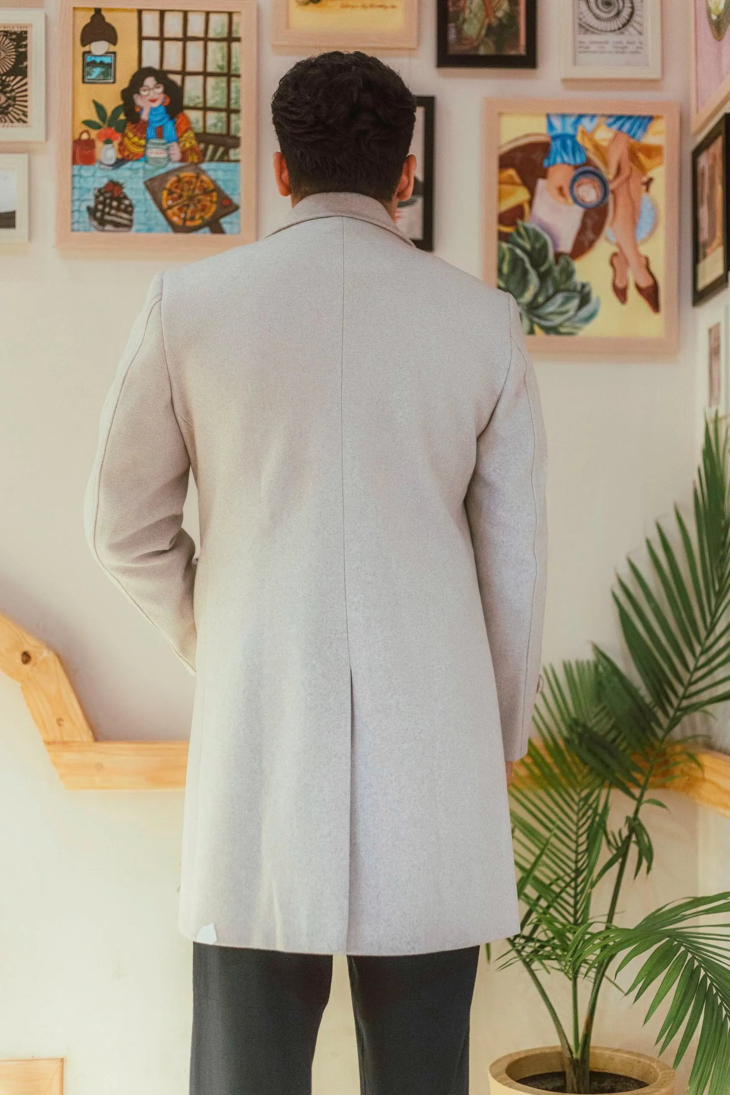 Men Long Coat Solid Weave