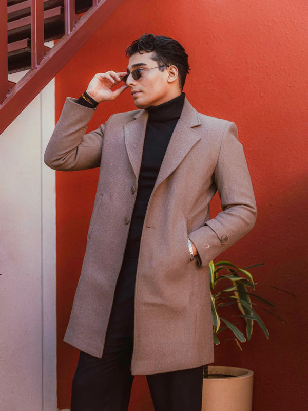 Men Long Coat Solid Weave