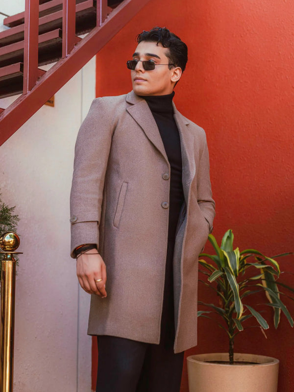 Men Long Coat Solid Weave