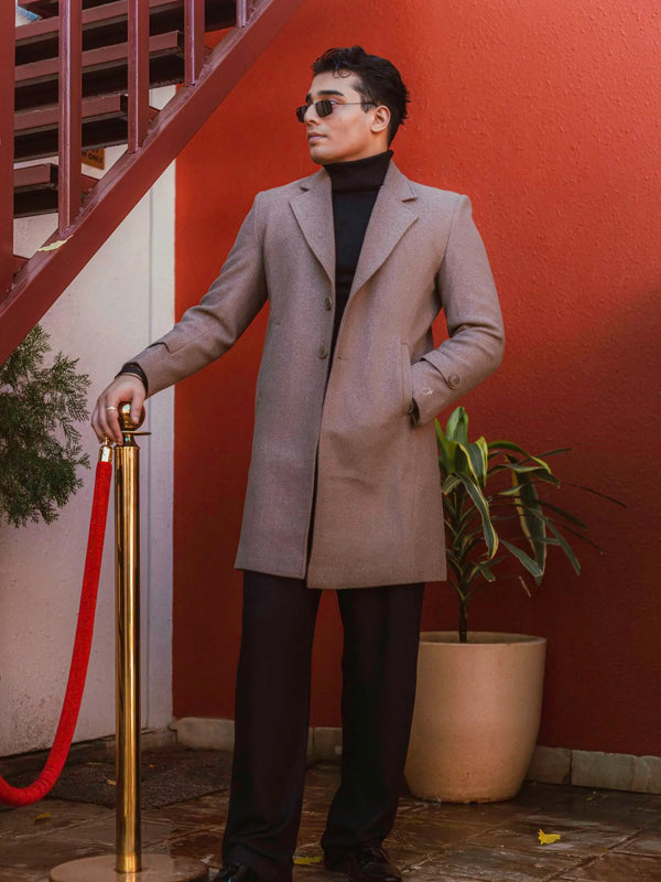 Men Long Coat Solid Weave