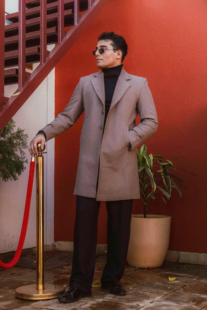 Men Long Coat Solid Weave
