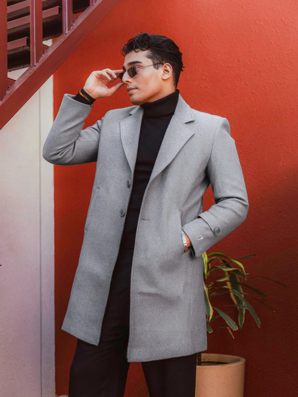 Men Long Coat Solid Weave