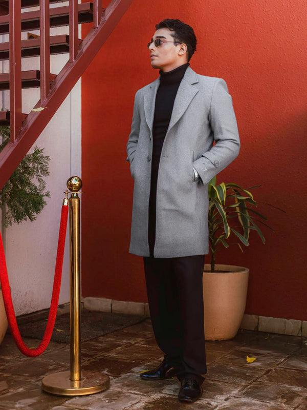 Men Long Coat Solid Weave