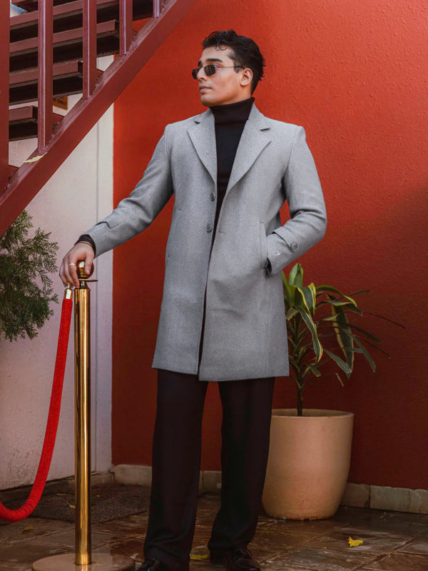 Men Long Coat Solid Weave