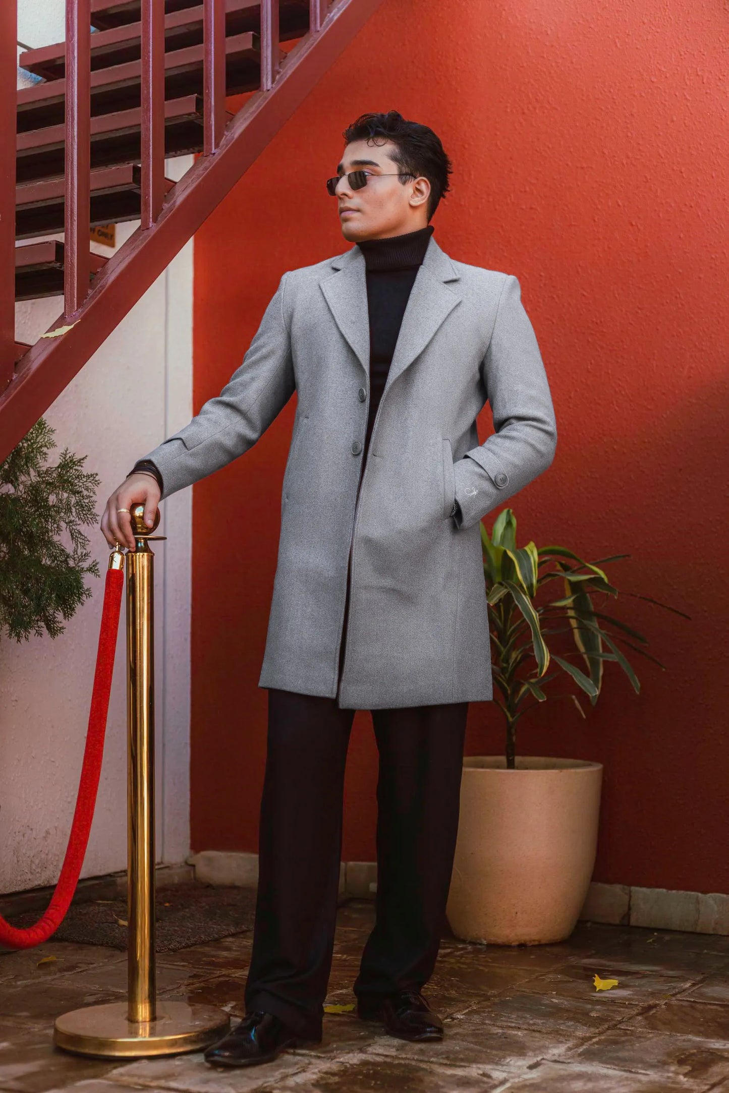 Men Long Coat Solid Weave