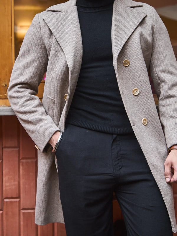 Men Knee Length Striped Double Breasted Long Coat
