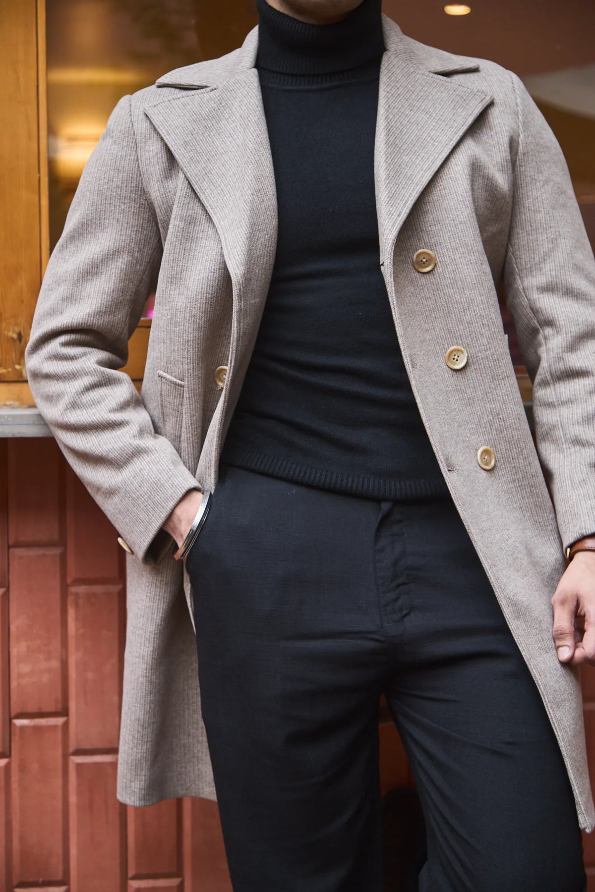 Men Knee Length Striped Double Breasted Long Coat