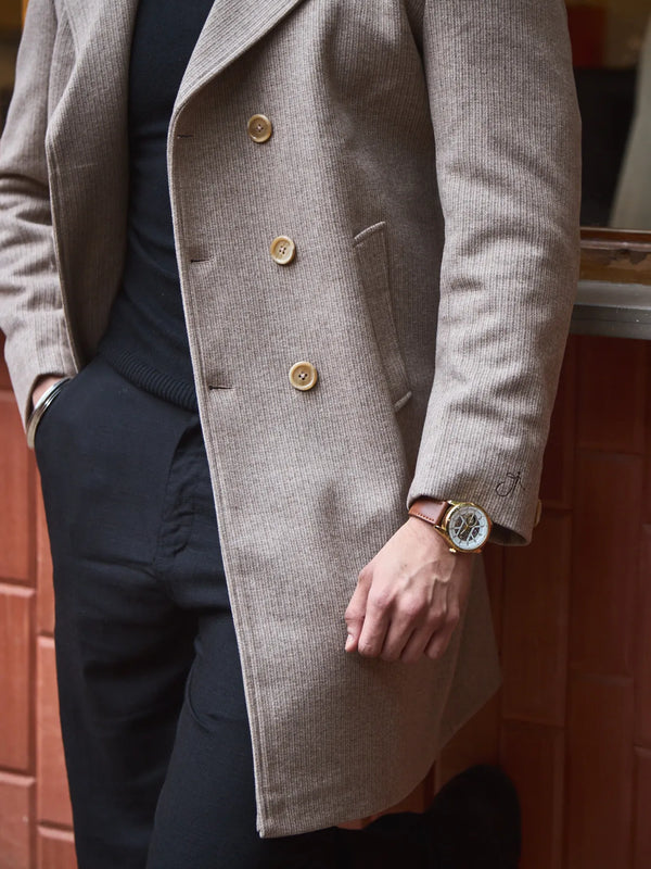 Men Knee Length Striped Double Breasted Long Coat
