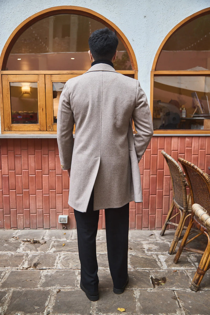 Men Knee Length Striped Double Breasted Long Coat