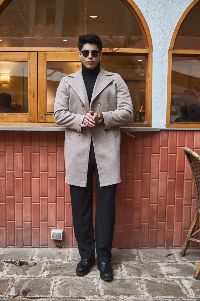 Men Knee Length Striped Double Breasted Long Coat