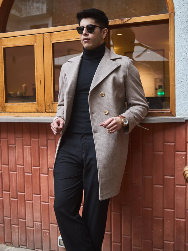 Men Knee Length Striped Double Breasted Long Coat