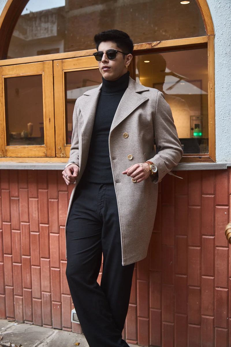 Men Knee Length Striped Double Breasted Long Coat