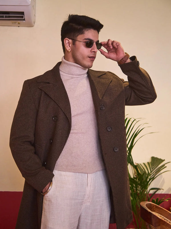 Men Knee Length Striped Double Breasted Long Coat