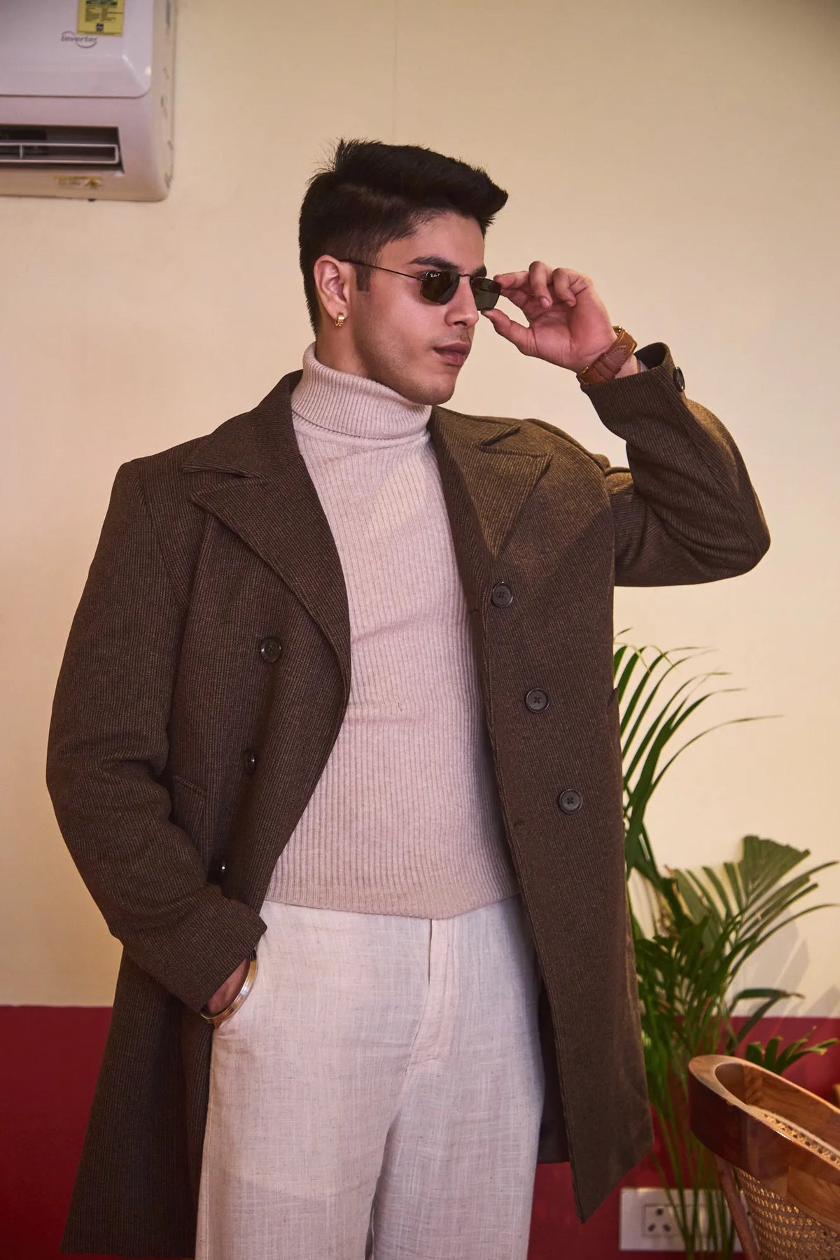 Men Knee Length Striped Double Breasted Long Coat