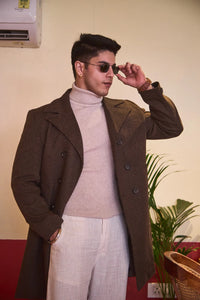 Men Knee Length Striped Double Breasted Long Coat