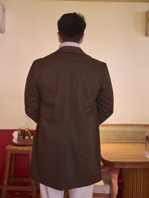 Men Knee Length Striped Double Breasted Long Coat