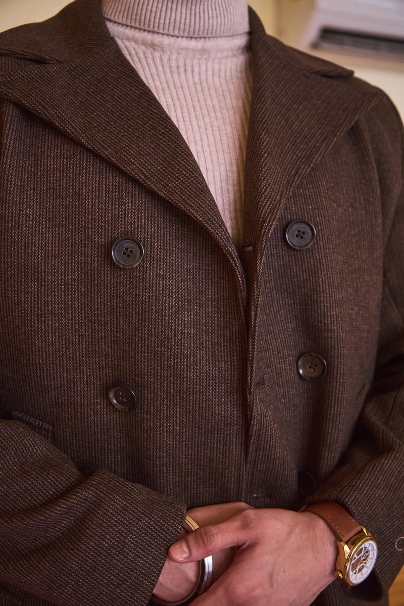 Men Knee Length Striped Double Breasted Long Coat