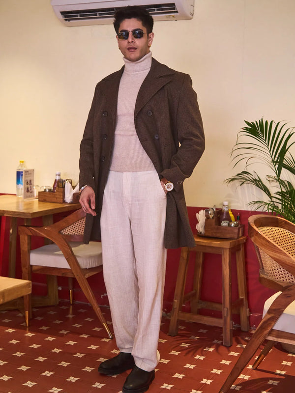 Men Knee Length Striped Double Breasted Long Coat