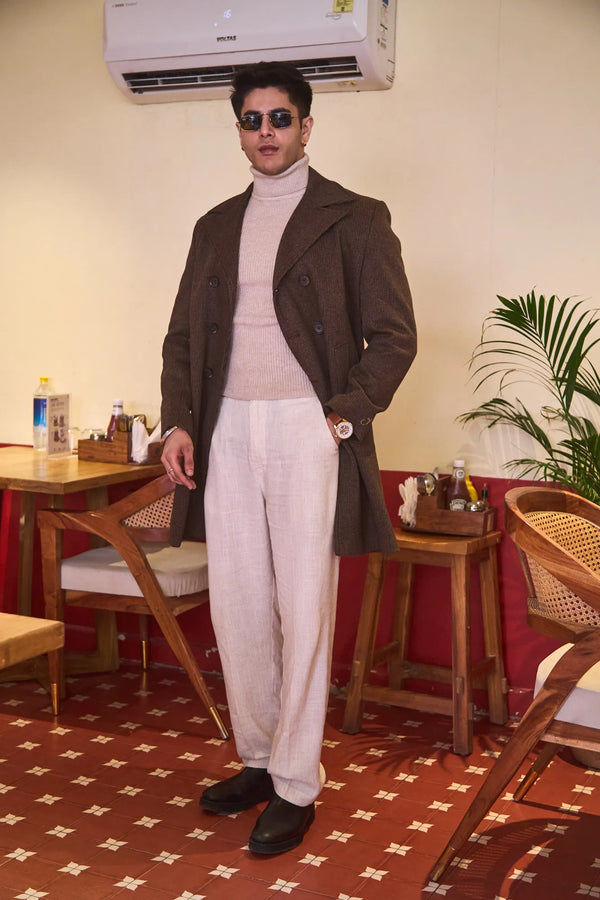 Men Knee Length Striped Double Breasted Long Coat