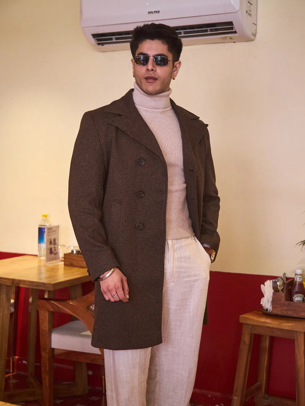 Men Knee Length Striped Double Breasted Long Coat