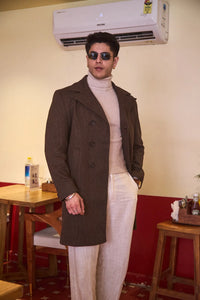 Men Knee Length Striped Double Breasted Long Coat