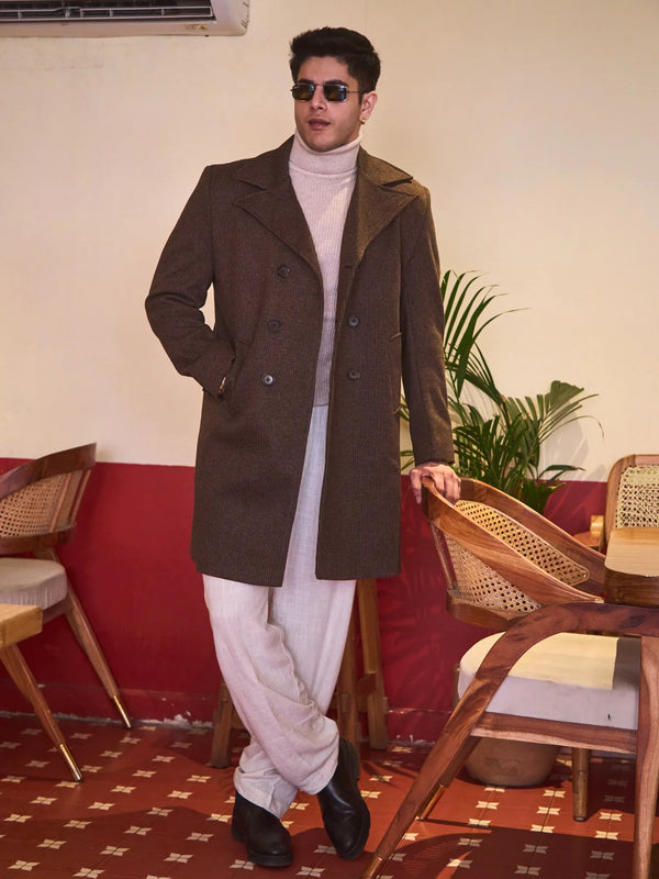 Men Knee Length Striped Double Breasted Long Coat