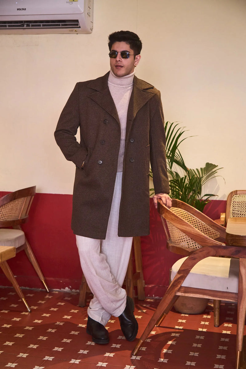 Men Knee Length Striped Double Breasted Long Coat