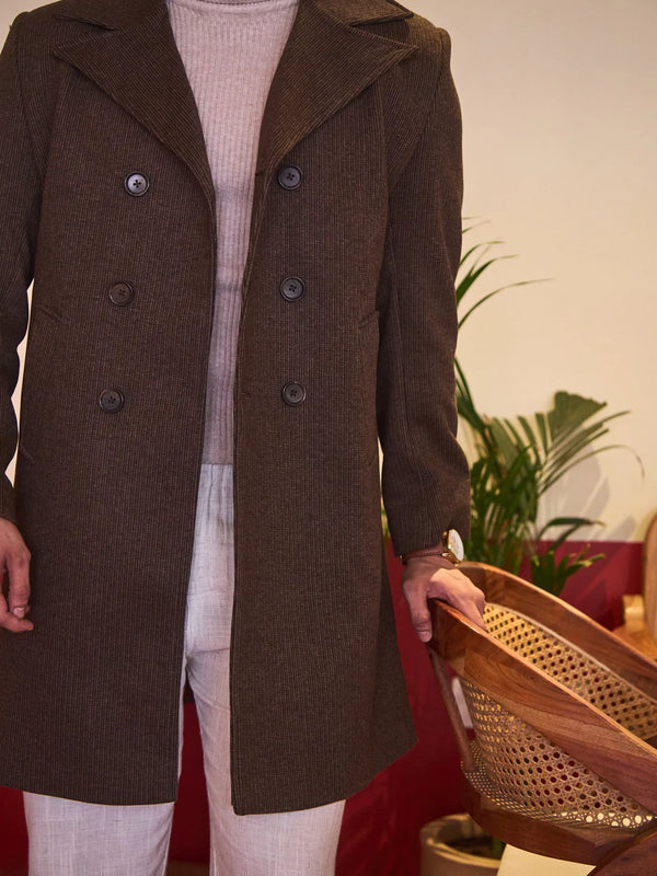 Men Knee Length Striped Double Breasted Long Coat
