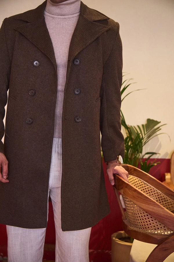 Men Knee Length Striped Double Breasted Long Coat