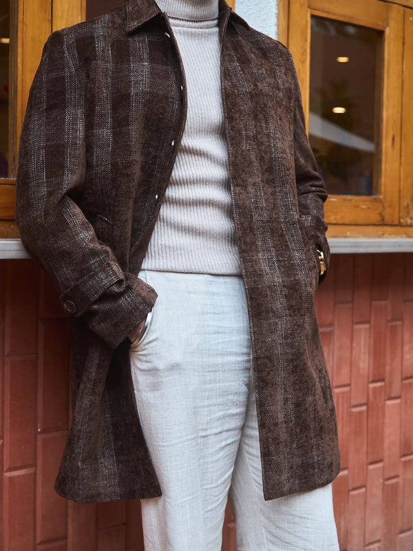 Men Knee Length Velvet Checkered Long Coat