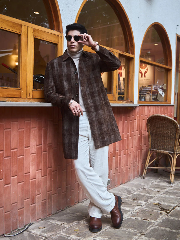 Men Knee Length Velvet Checkered Long Coat