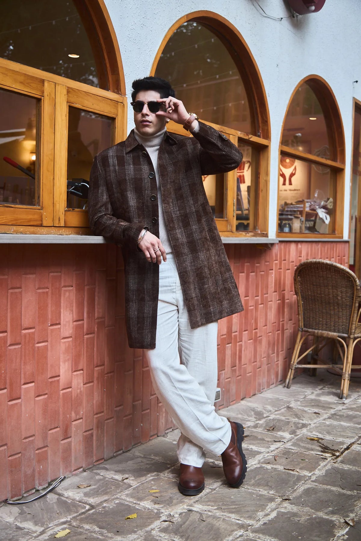Men Knee Length Velvet Checkered Long Coat